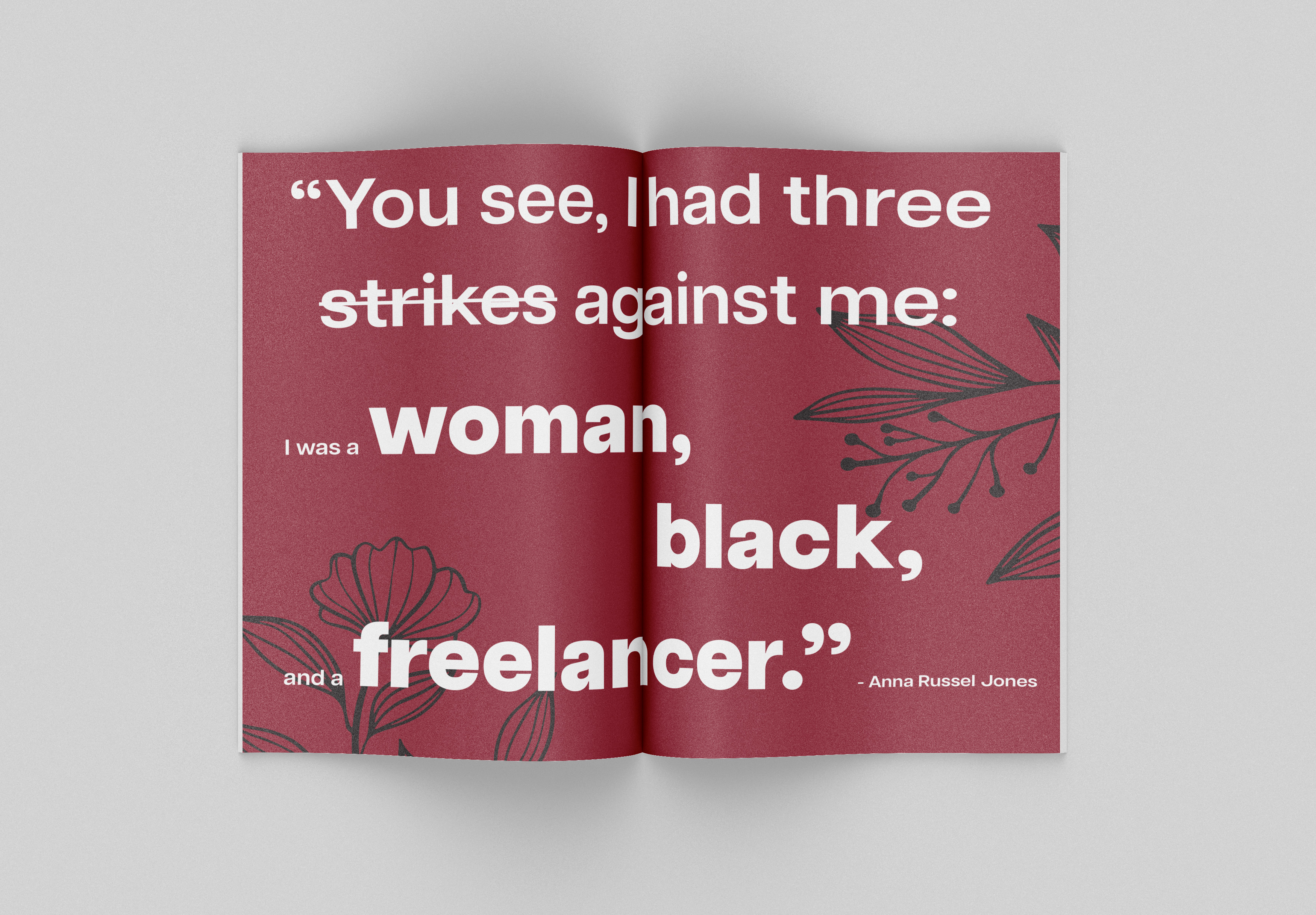 A full page spread booklet with a red background and white text.
