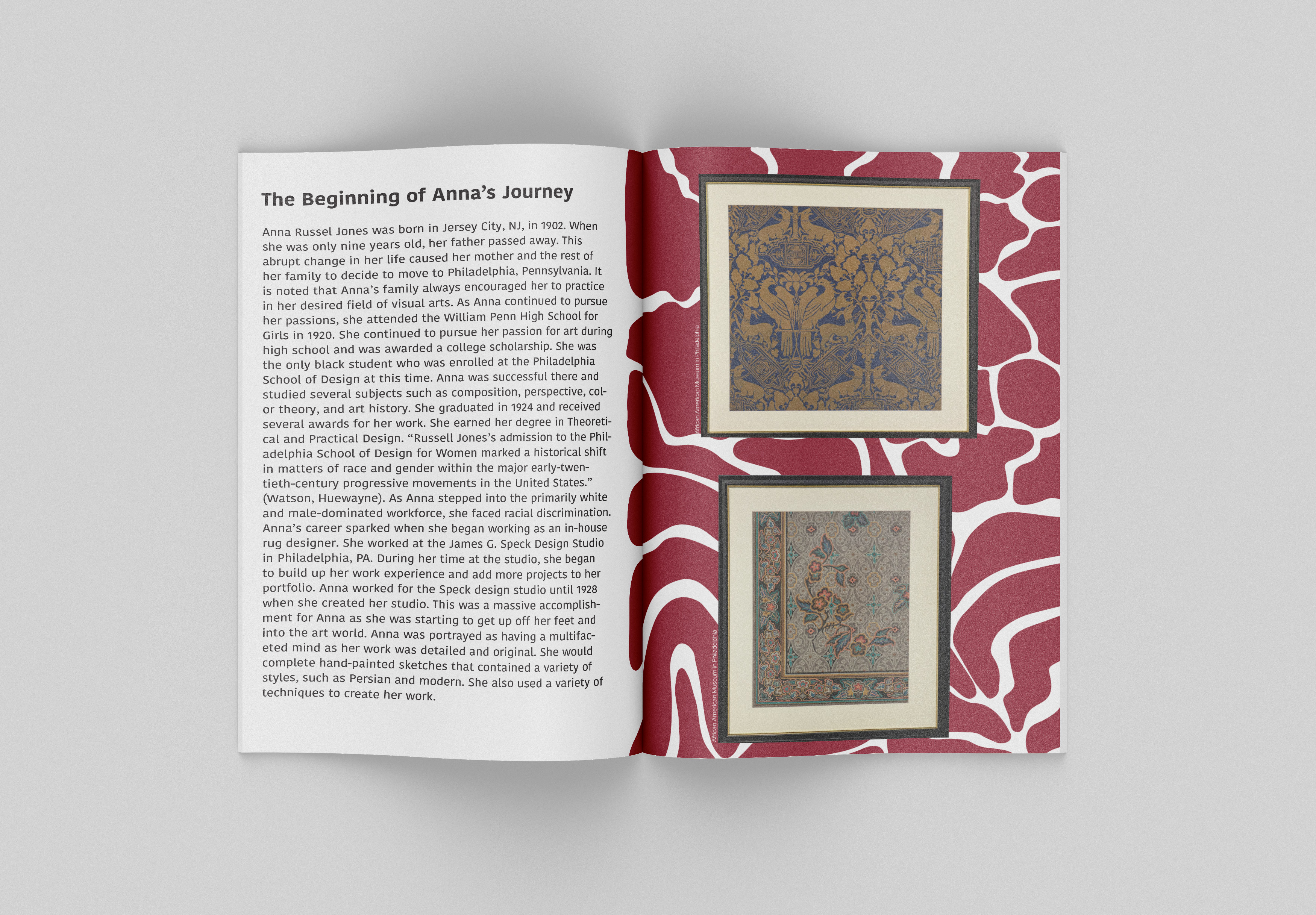 A full page spread booklet with a red design on the right side, along with paragraphs of text and two images.