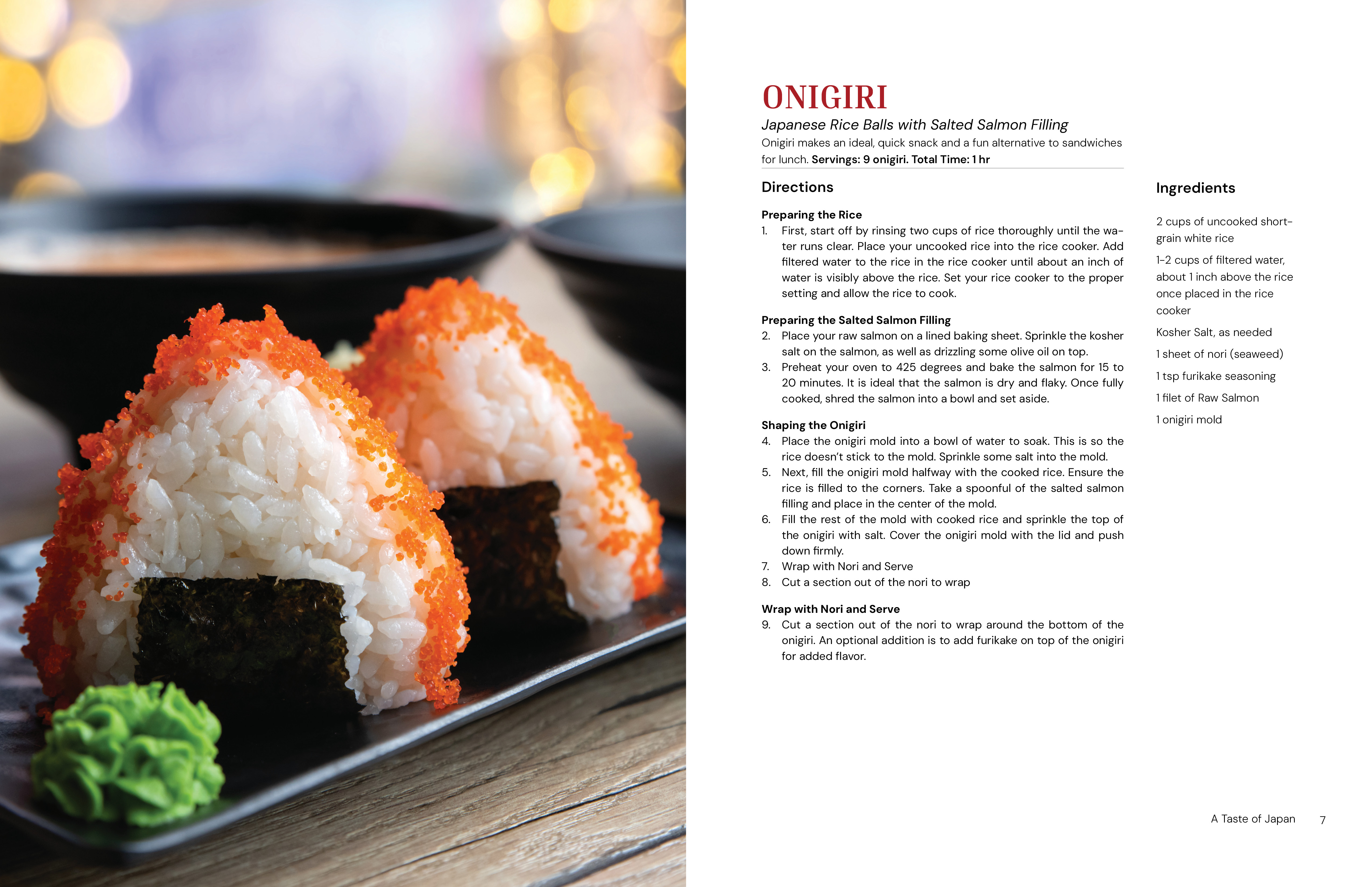 A cookbook page spread of onigiri and the instructions.