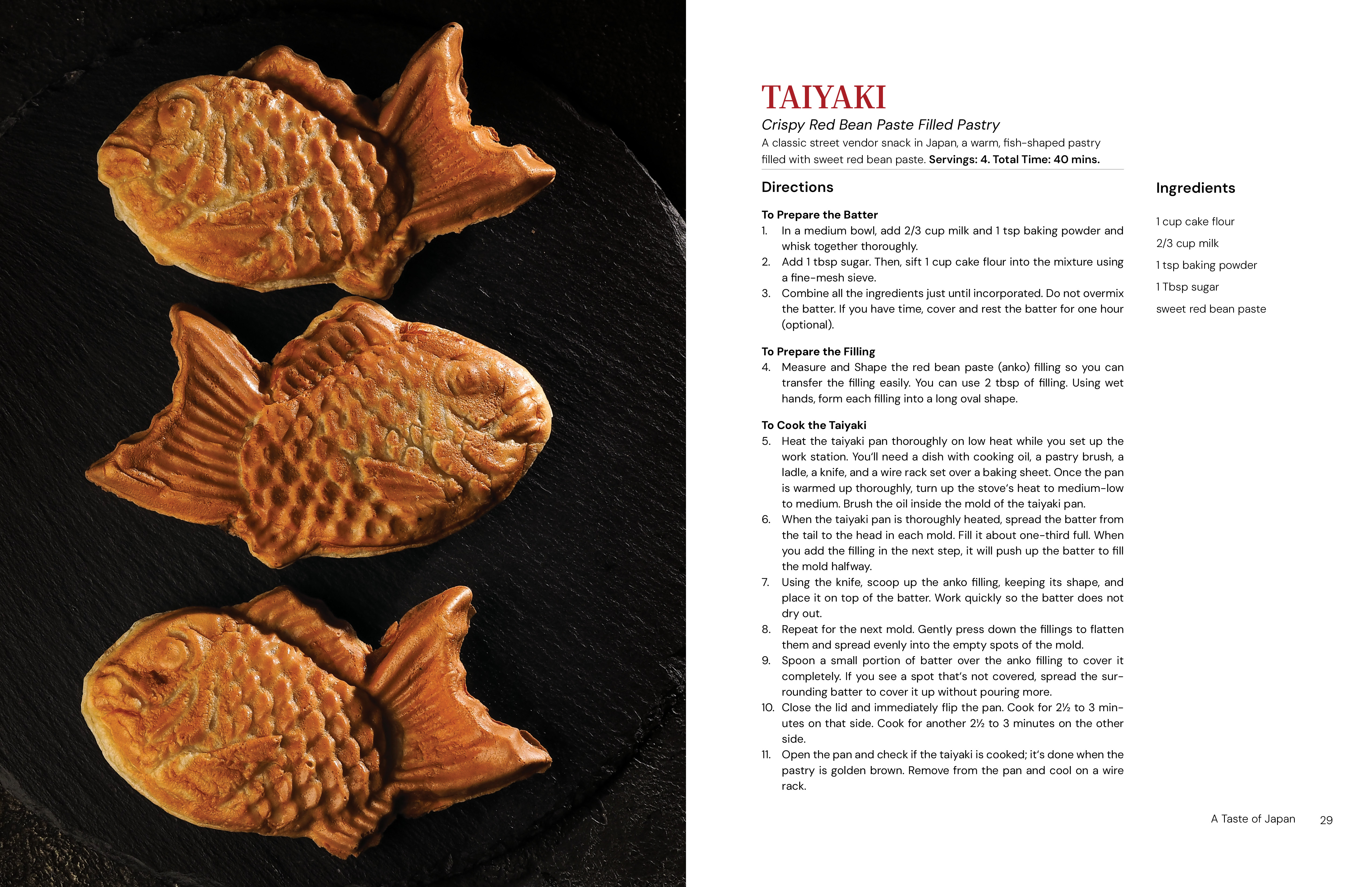 A cookbook page spread of taiyaki and the instructions.