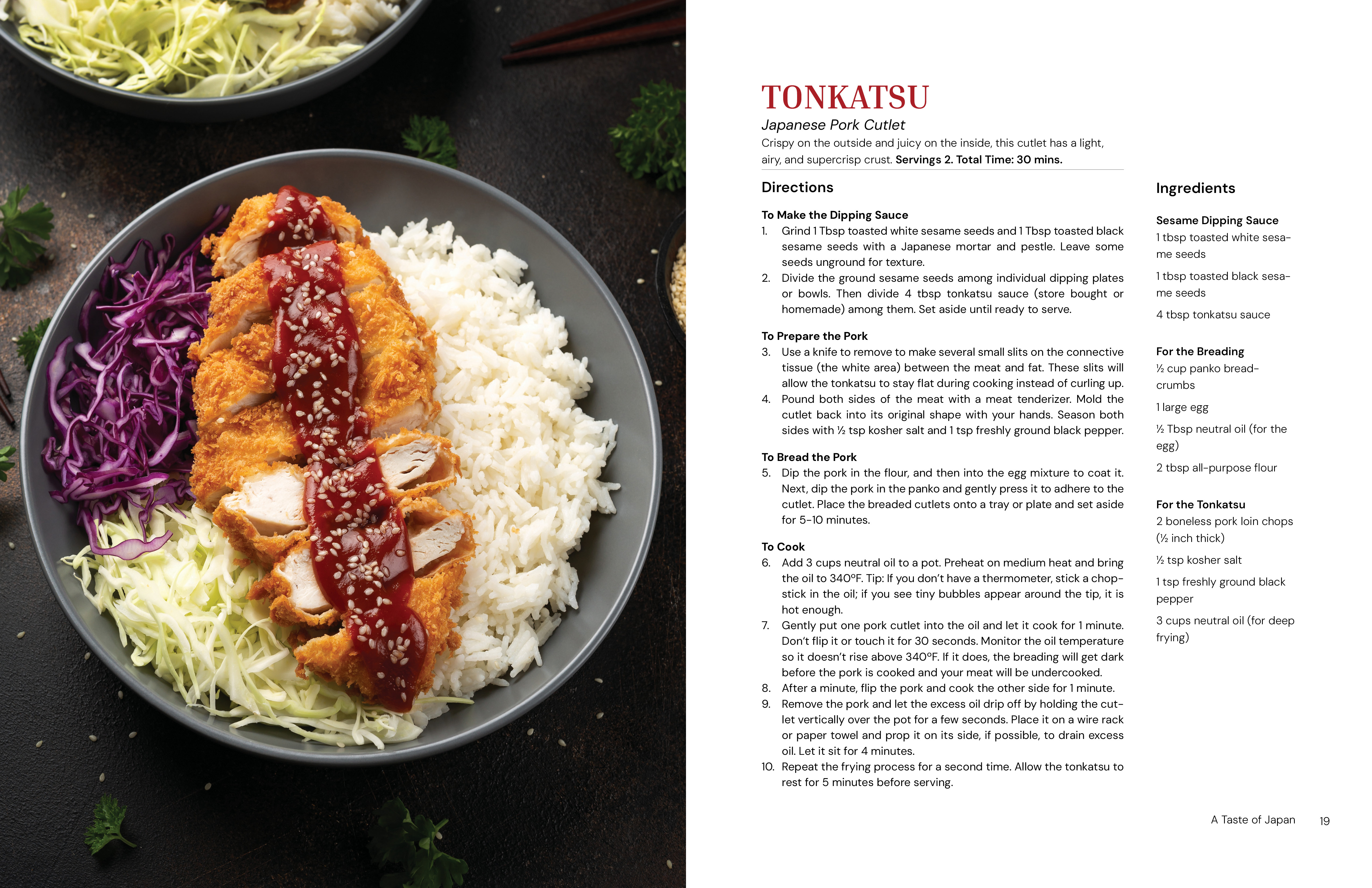 A cookbook page spread of tonkatsu and the instructions.