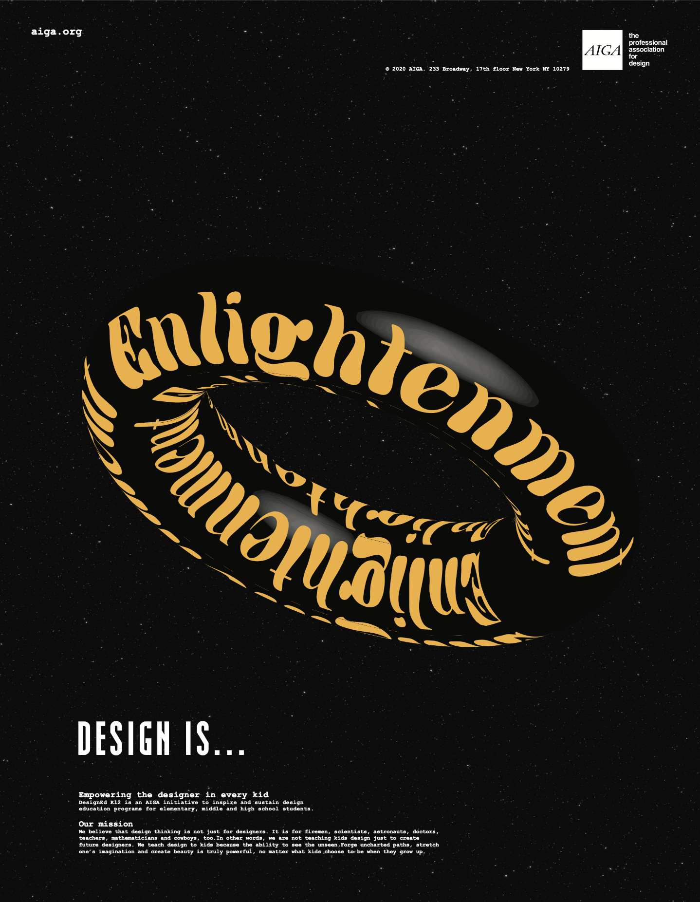 A black donut floating in space with yellow text, as well as white text on the poster.