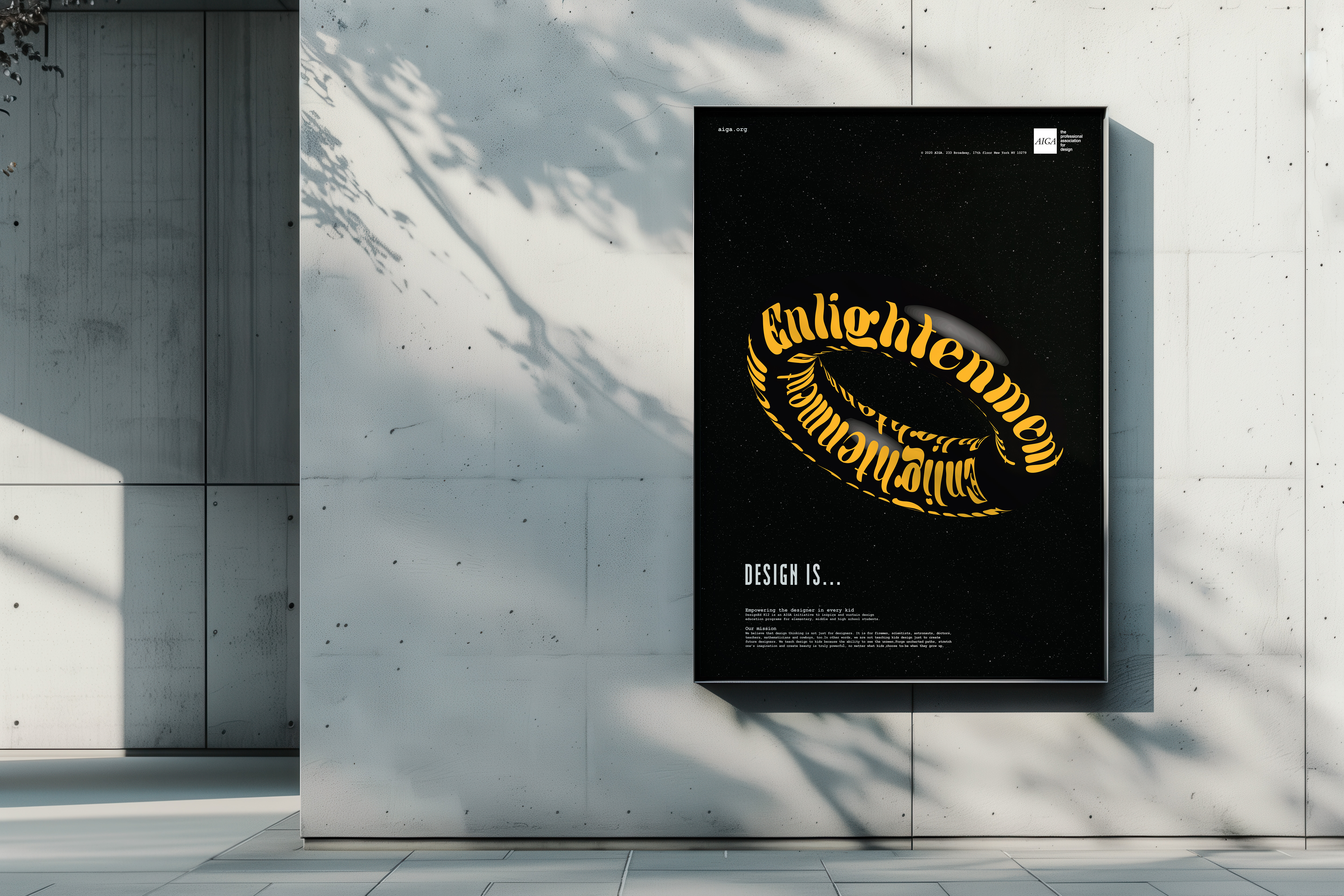 A black donut floating in space with yellow text, as well as white text on the poster.